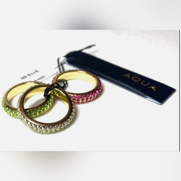 Aqua 14k Gold Plated Pave Rings with Pink and Green Crystals Set Of 3 - Picture 3 of 3